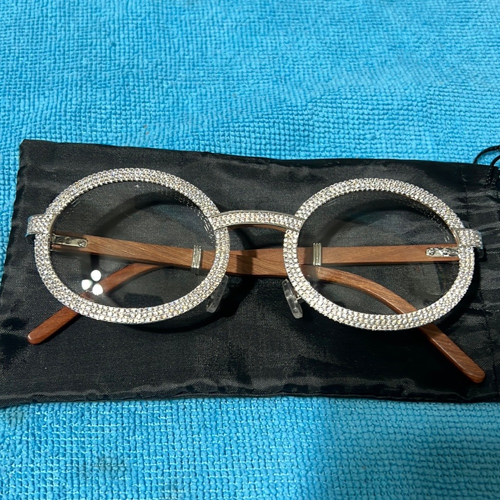Iced out silver Clear Lens Wood Frame Glasses
